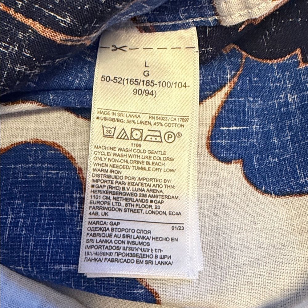 Gap Linen Blend Short Sleeve Button Down Shirt Men's L Blue Orange Floral Vacati - Picture 10 of 12